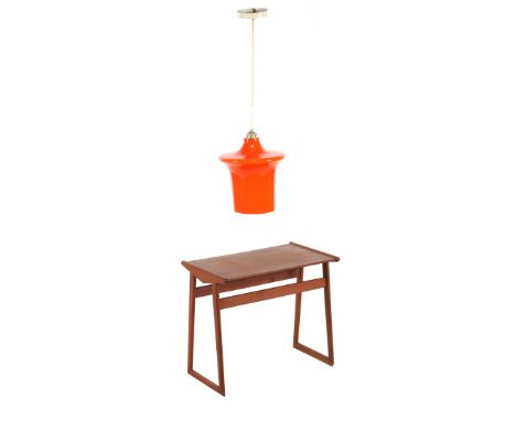 Teak side table and orange opaline hanging lamp, excluding cord 30 cm high
