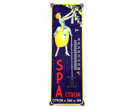 Enameled iron advertising sign with thermometer and inscription 'SPA CITRON - Citron et Eau de Spa', 82x27 cmProceeds benefit