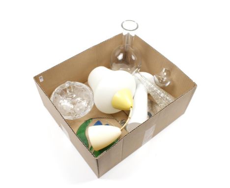 Box with glass decanter, vases including Iitala Finland and Walther, opaline glass hanging lamp with yellow metal frame, desi