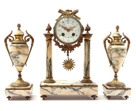 3-piece clock set with marble in Louis Seize style, ca. 1880, mantel clock is 35 cm high