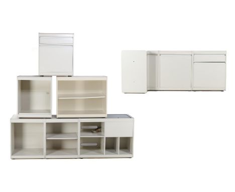 9 gray lacquered plastic veneered modular cabinets, manufactured by Elco Scorze Venezia and stickered on the inside, with bui