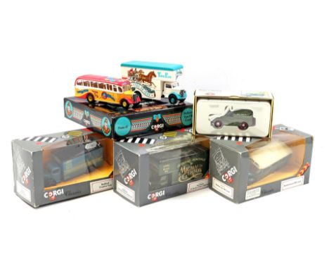 6 Classic Corgi Scale Model Buses, Trucks and a "Van"