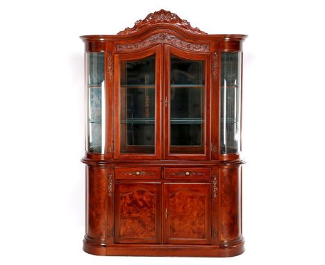 Burr walnut veneer 2-part stained china cabinet with 2-door glass display case curb with round corners, 2 glass shelves, ligh