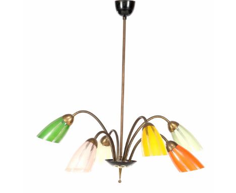 Brass 'spriet' 6-light hanging lamp with polychrome glass shades, the Netherlands, 1950s, 71 cm high and approx. 65 cm in dia