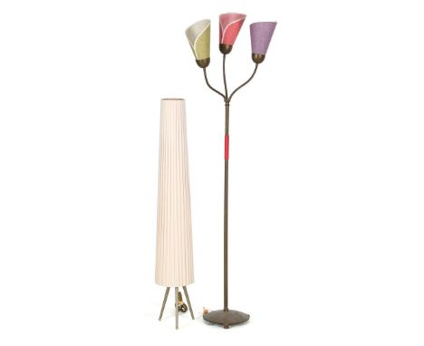 3-light adjustable floor lamp with upholstered caps, the Netherlands/Germany, 1950s, approx. 170 cm high and floor lamp with 