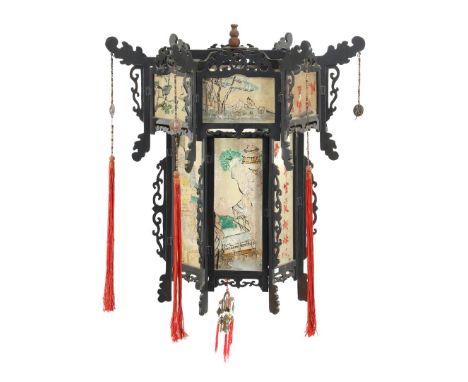 Black lacquered wooden hexagonal hanging lamp with painted glass squares, 80 cm high, 72 cm diameter