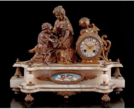 Classic mantel clock with zamac sculpture group in alabaster case with oval medallion in front, 38 cm high, 48 cm wide (damag