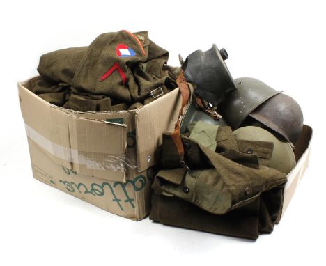 2 boxes of militaria b.u. 5 helmets and various army clothing incl. France