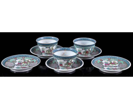 3 cups and 5 saucers porcelain tea set with decor of man and woman with parchment, Samson France 20th century (1 saucer with 