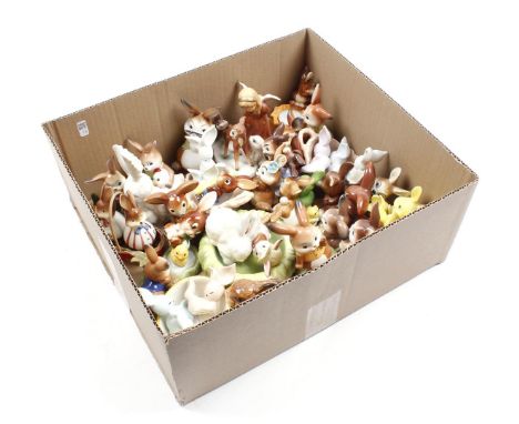Box with ceramic figurines of rabbits including salt and pepper shakers, Goebel Germany