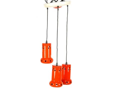 Vintage hanging lamp with white and orange enamelled shade and three earthenware orange chalices, 1970s, 85 cm high