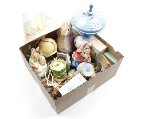 Box of various articles Beatrix Potter, Peter Rabit including lamp, humming top and pot with lid