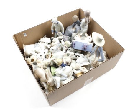 Box of porcelain figurines of and with rabbits including Nao Spain