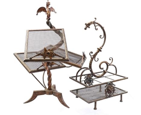 Copper magazine holder with griffin on top, standing on tripod, 73 cm high and copper holder for 6 bottles, 60 cm high, 36x27