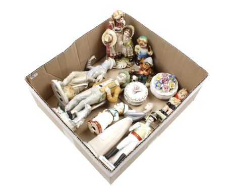 Box of porcelain and earthenware statues Wed. in the style of Goebel, Lladro(damage) and Herend lidded container