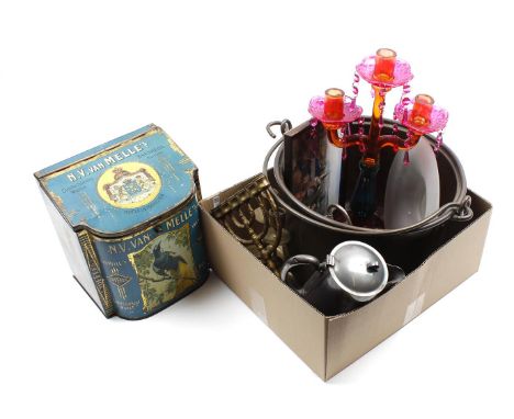 Various box including Van Nelles toffee tin, 26 cm high, copper candlesticks and aker, colored glass 3-light candlestick, oil