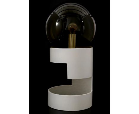 Unknown designer, floor lamp with green-coloured glass ball and standing on a white lacquered wooden base, 58 cm high