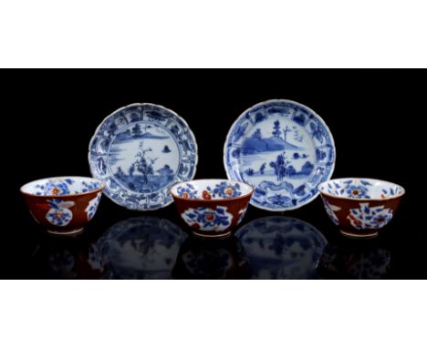 2 porcelain dishes, 1 with contoured rim with blue and white decor of patterns and butterflies in rim and sage in landscape w
