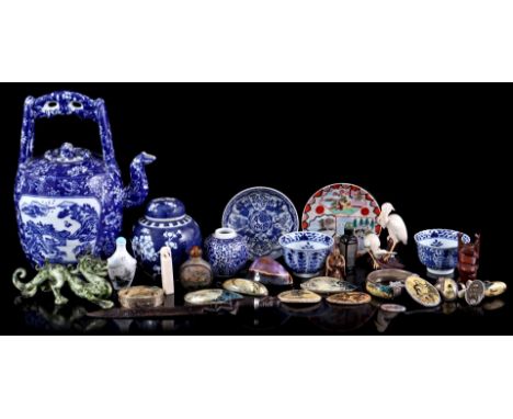 Lot Asian Wed. 2 porcelain cups with Kangxi mark, 3 snuff bottles, Japanese porcelain tea pot, figurines, rings, porcelain gi