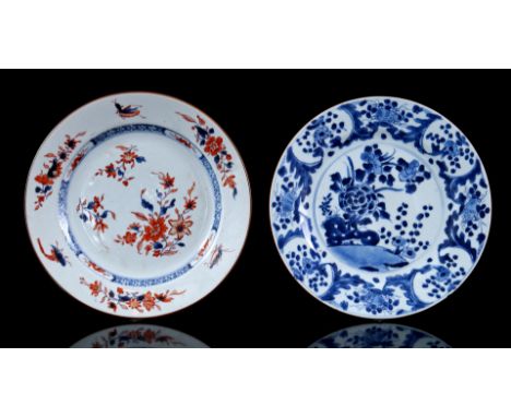 Porcelain dish with blue and white floral decor, China Yongzheng period, 22 cm diameter (chip) and porcelain Imari dish with 