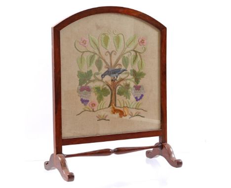 Walnut veneer fireplace screen with embroidered decor of flora and fauna, with address on the reverse Stockwell &amp; Son Fur