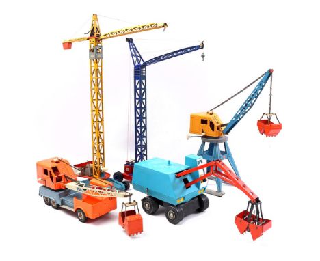 3 metal with plastic cranes marked Gama, highest 64 cm high, Czech metal crane, 62 cm high and plastic crane marked Kibri, 19