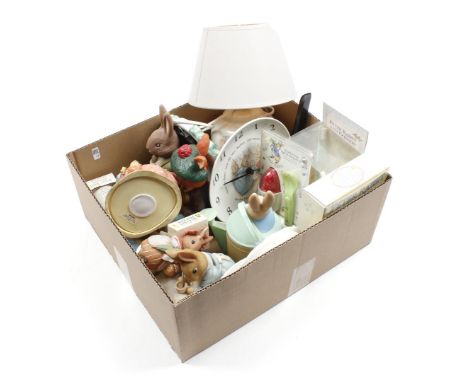 Box of various objects with rabbits including Beatrix Potter, Peter Rabbit with lamp, figurines, plates, clock, etc