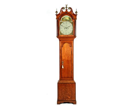 Longcase clock with painted dial with second hand and name John Hunter Bridlington, in oak with walnut veneer and marquetry c