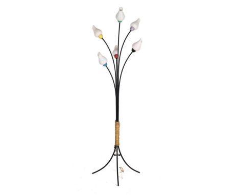 Black lacquered metal floor lamp with 6 glass chalices and wound rope, France 1950s, 'whip model', 181 cm highProceeds benefi