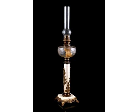 Brass with alabaster classic table oil lamp, with crystal cut pot, 79 cm high