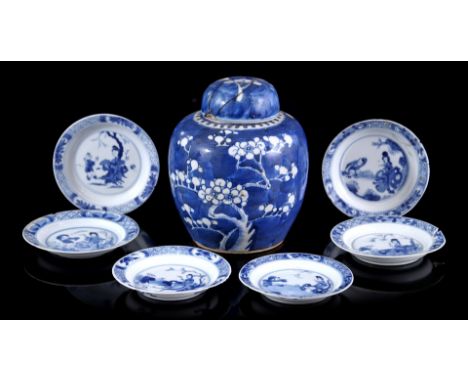 6 porcelain dishes with blue and white decor of a fool and long list near pine tree and rock, Chenghua marked, China Kangxi p