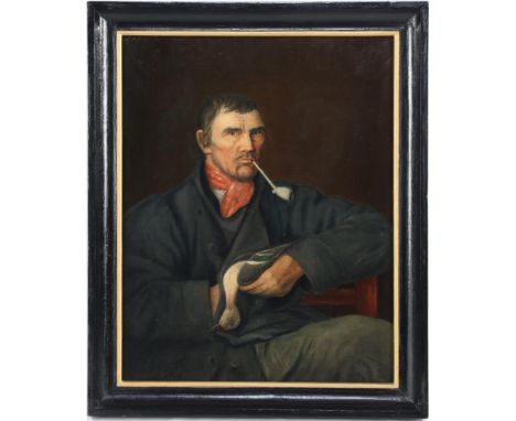 Anonymous, portrait of a man with a clay pipe and a dead duck, canvas 72x56 cm