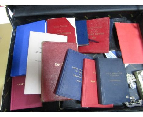 Vintage briefcase with lots of Masonic books and some cap badges etc 