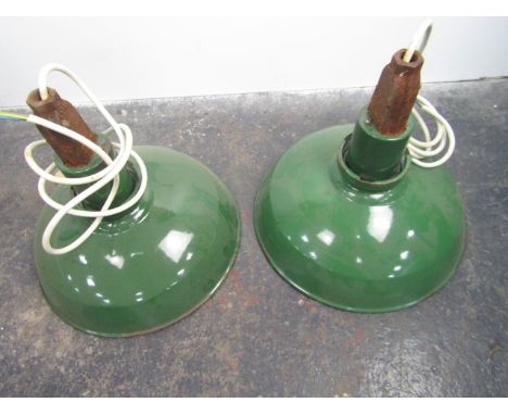 Pair of enamel industrial light shades with gantry's 35cm diameter 