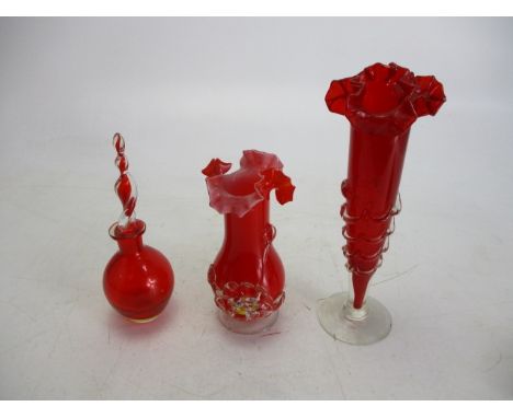 Selection of ruby glass to include vases and decanter 