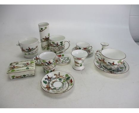 Crown Staffordshire &amp; Coalport "Hunting scene" to include cups/saucers trinket etc. 