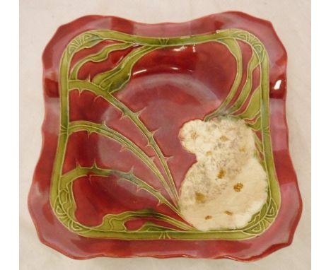 A Minton secessionist square dish decorated with a wild rose on a red ground and a glass thermometer CONDITION REPORTS Numero