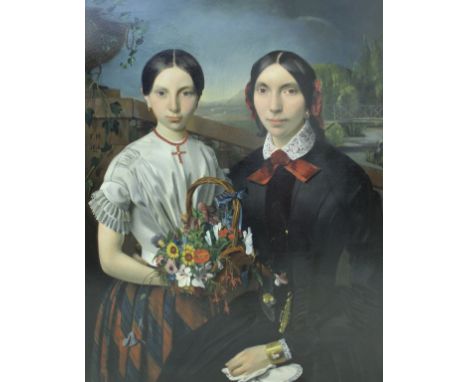 F.H. (CONTINENTAL SCHOOL) "Sisters with basket of flowers", a landscape and ornamental garden with bridge unfolding in the ba