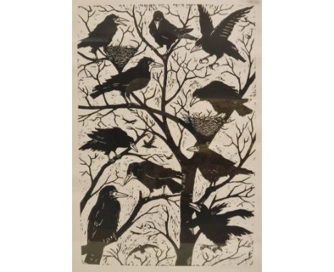 NATALIE MORLEY "Roosting Crows", monochrome print, limited edition 20/100, signed and numbered lower right, together with two
