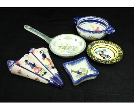 A large quantity of various Quimper pottery and other faience wares including bowls, small plates, jugs, oval barrel, book fl