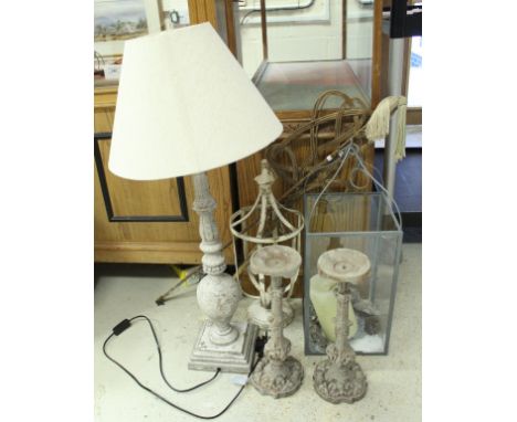 A painted wooden table lamp, together with two cast pricket-style candlesticks, a hanging hurricane lamp-style light etc