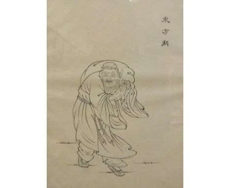 A Japanese woodblock print of an elderly gentleman with sack thrown over his shoulder, together with a further woodblock prin