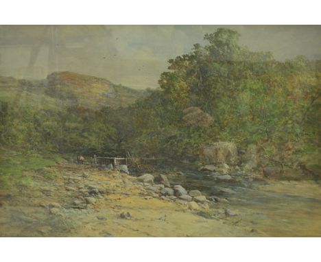 CHARLES BROOKE BRANWHITE (1851-1929) "Figures walking alongside river's edge with rocky hills in the background", watercolour