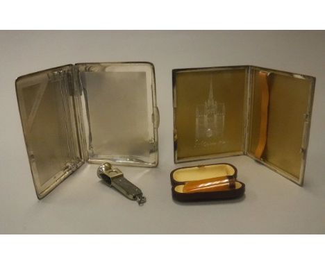 Two silver engine turned decorated cigarette cases, one with gilt interior depicting a 19th Century building facade dated 27t