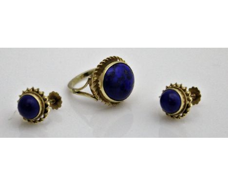 A 9 ct gold dress ring and earrings, set with cabochon cut lapis lazuli within a gold rope twist border CONDITION REPORTS Som
