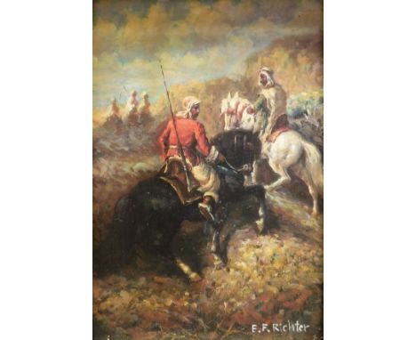 E F RICHTER "Riders on Horseback", oil on board, signed lower right, together with W WONTNER "Duck and Ducklings", transfer p