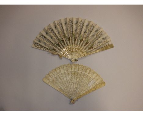 A 19th Century carved brisé fan decorated with figures within a landscape with pagodas, together with a 19th Century bone and