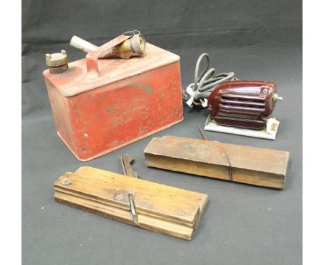 A roll of various spanners and tools, a Valor petrol can, foot pump, jack, I&amp;G sander polisher in bakelite case, Veret Lt
