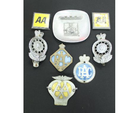 Two Royal Automobile Club car badges numbered MC16149 and MC0018, two further RAC badges, three AA badges and an aluminium as
