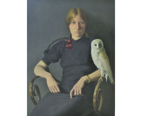 DAVID DENBY "Lady in an evening dress, etc, an owl upon the chair arm", oil on canvas, initialled lower right, inscribed vers